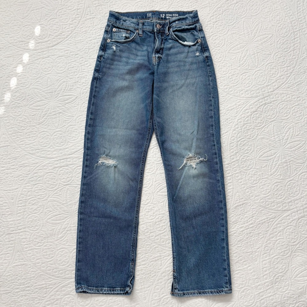 Gap Kids High Rise 90's Loose Distressed Jeans, Medium Wash Sz 12